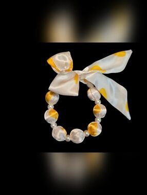 Satin Beaded Ribbon Phone Wristlet Bracelet in White And Yellow
